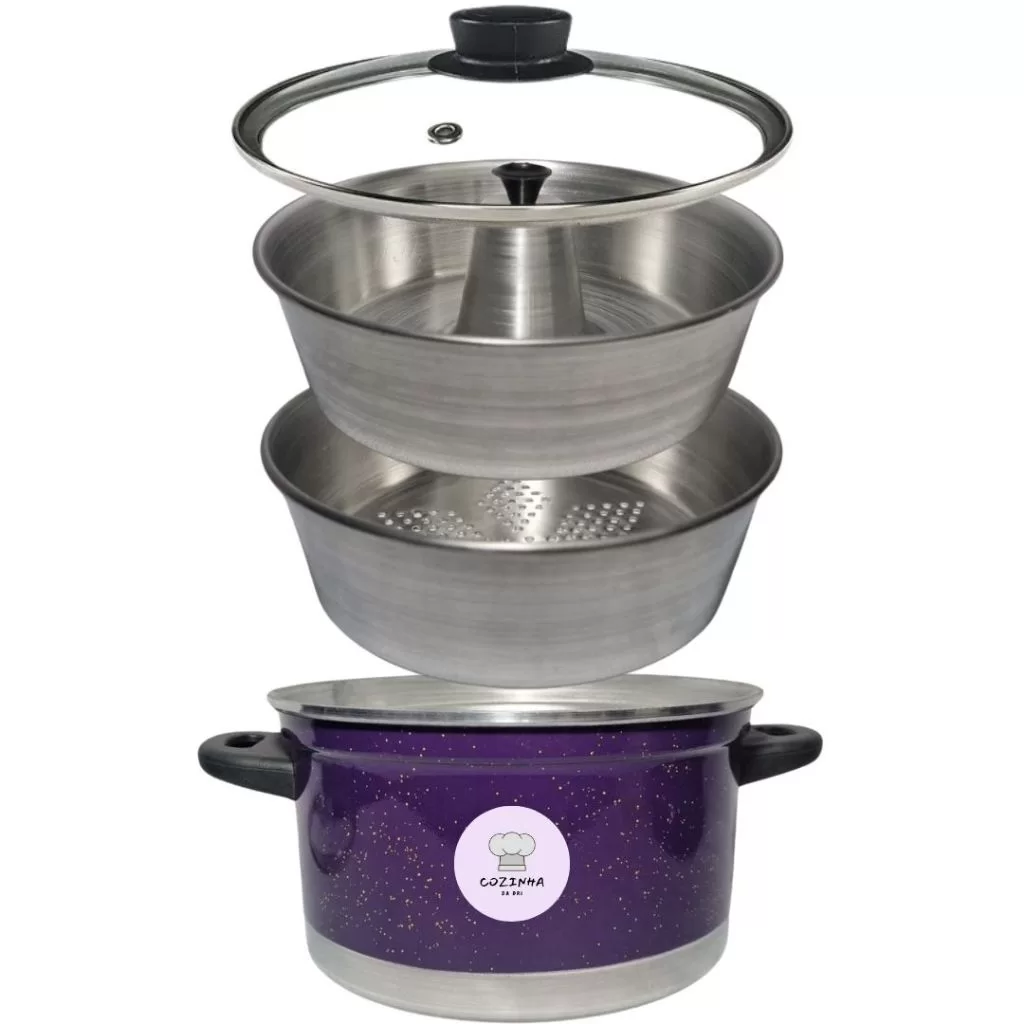 Panela Multiuso de Alumínio 3 em 1 com Tampa de Vidro 3×1 Panela de Pudim, Panela Vapor, Caldeirão