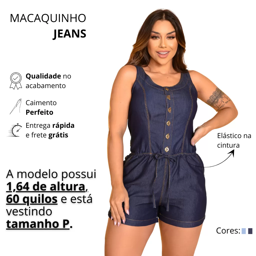 Macaquinho Feminino Jeans Curto Jardineira Sem Lycra Botões Premium