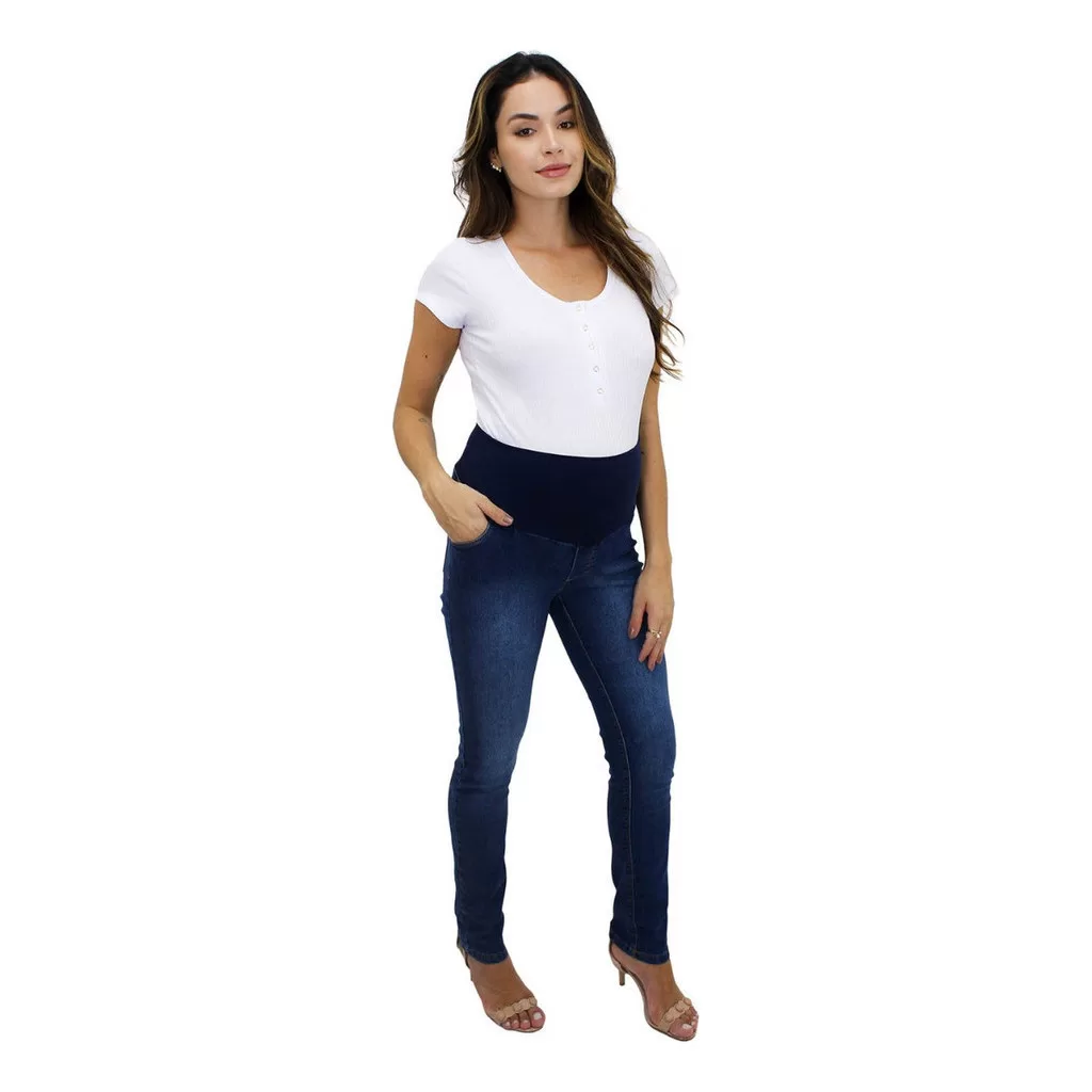 Calça Gestante Elástico Suplex Jeans Lycra Com Bolso