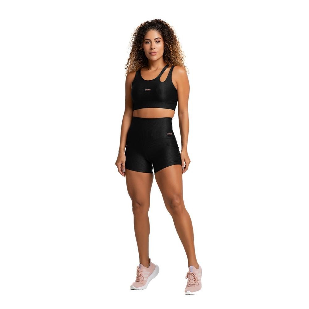 Conjunto Top e Short Canelado Poliamida Preto Massam Fitness