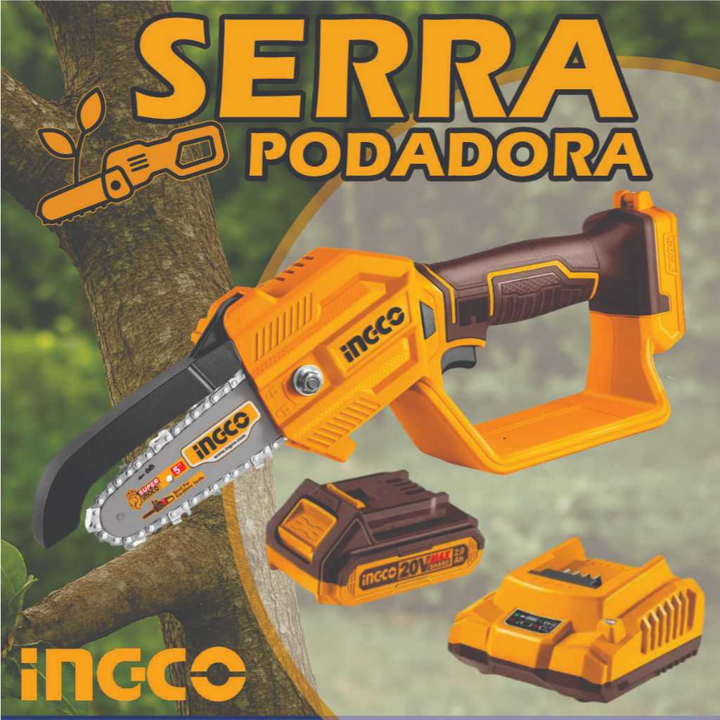 Moto Serra Podadora Mini Serra Elétrica Sem Fio 20V Com Bateria e Carregador Ingco