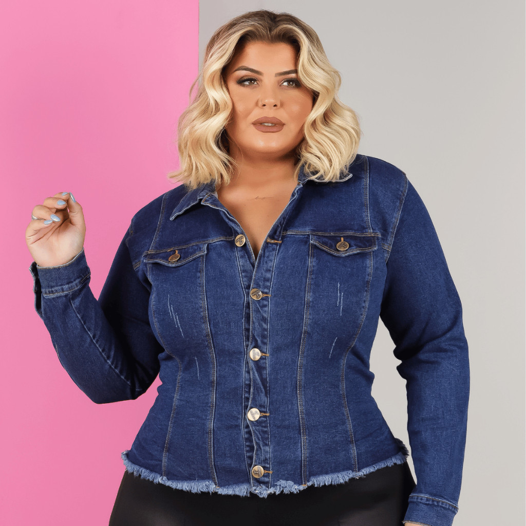 Jaqueta Feminina Plus Size Jeans Moda Grande Barra Desfiada Botões Lycra Moda Casual G1 G2 G3