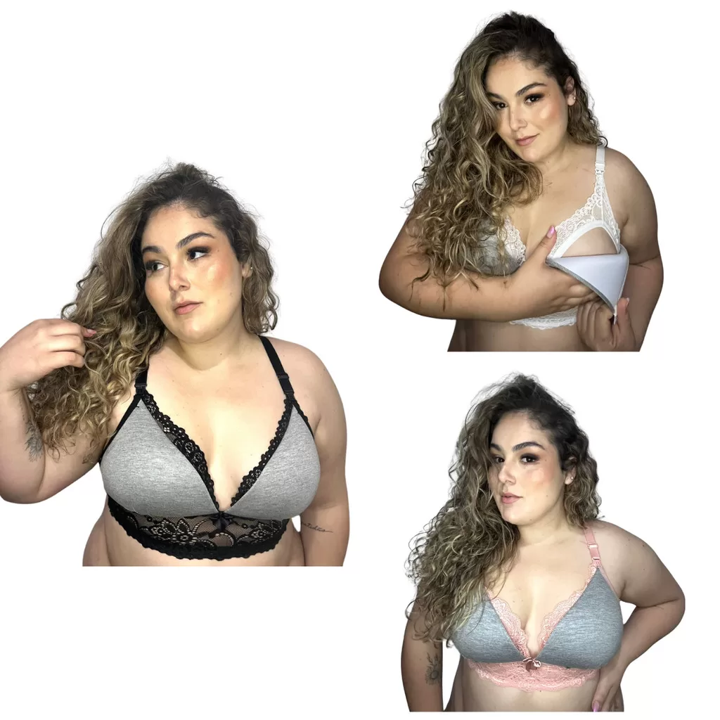 Kit 3 Sutiã de Amamentação PLUS SIZE com Bojo e Renda Reforçado Feminino Gestante Pós Parto Sutian S