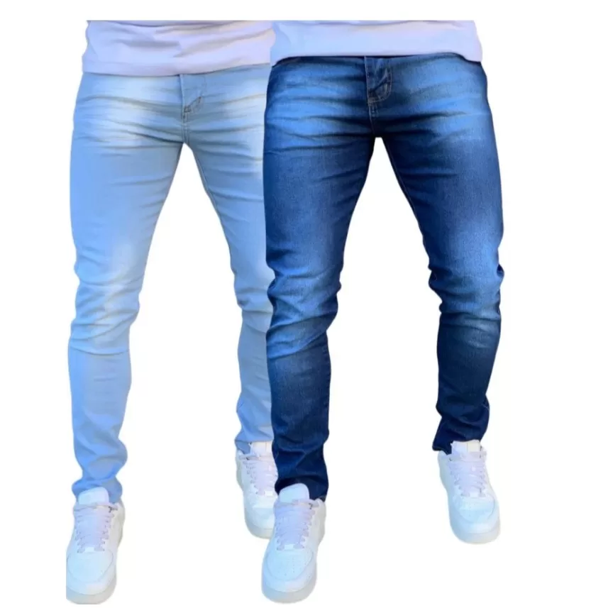 Calças Jeans Masculina Skinny Com Lycra Elastano Linha Premium Azul Claro e Azul Escuro