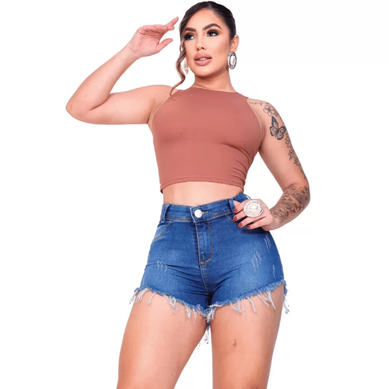 Shorts Jeans Feminino Curto Cintura Alta Destroyed
