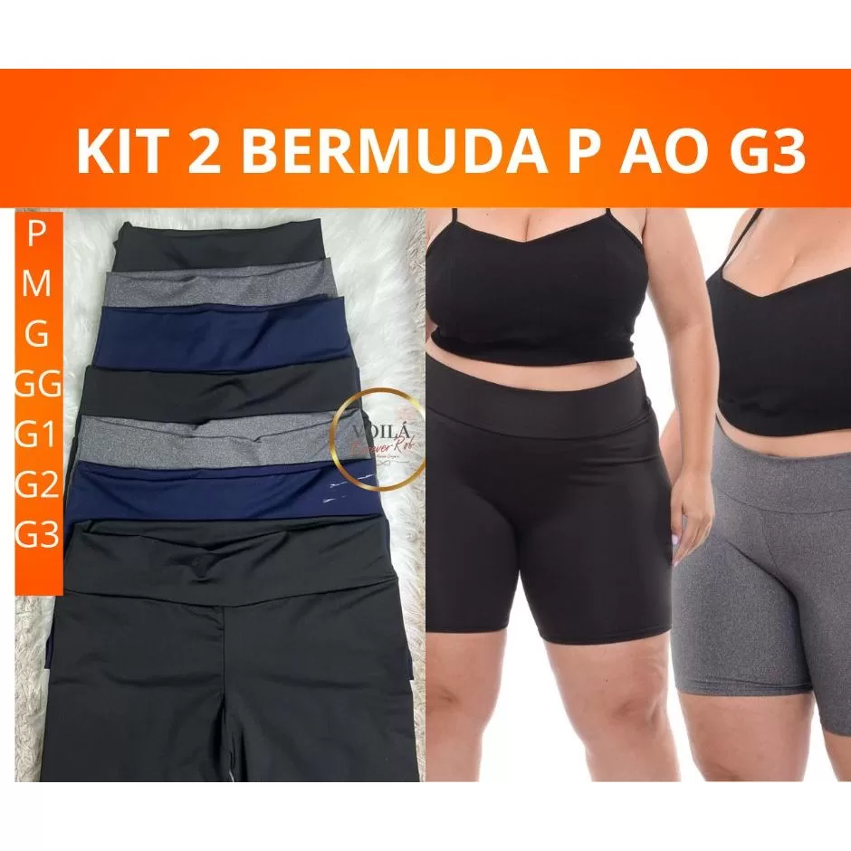 KIT COM 2 BERMUDAS ACADEMIA SUPLEX CINTURA ALTA P AO G3 PLUS SIZE FITNESS NÃO FICA TRANSPARENTE
