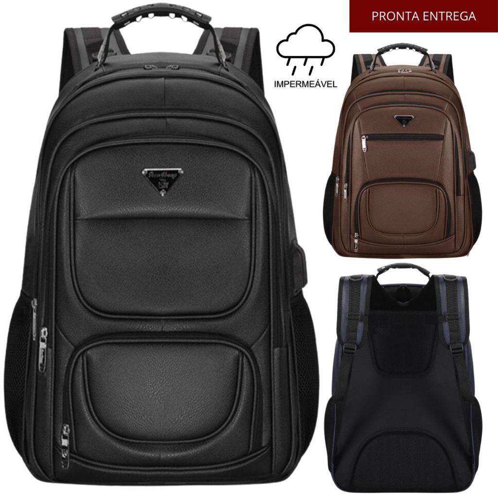 Mochila Couro PU Grande Executiva Para Notebook Trabalho Faculdade Reforçada Cabo De Aço USB