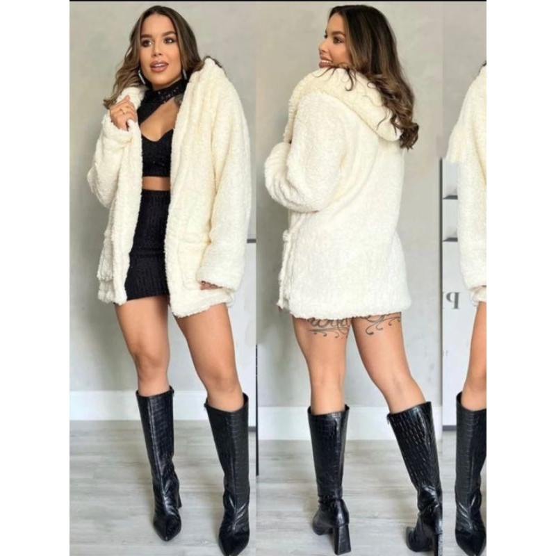 CASACO DE PELINHOS SOBRETUDO FORRADO COM BOLSO E CAPUZ TEDDY MARROM TENDÊNCIA PRO FRIO DO INVERNO MO
