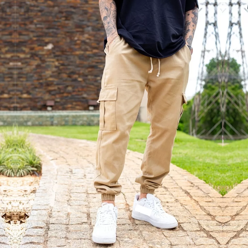 Calça Cargo Masculina Com Punho Bolso Lateral Elástico 6 bolsos