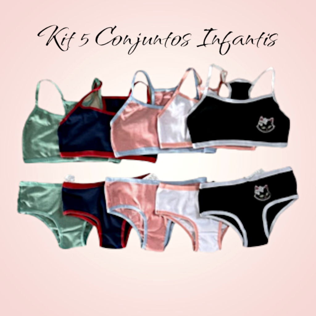 Kit 5 Conjunto Infantil Canelado Bordado Estampado Confortável Top e Calcinha em Algodão Barato
