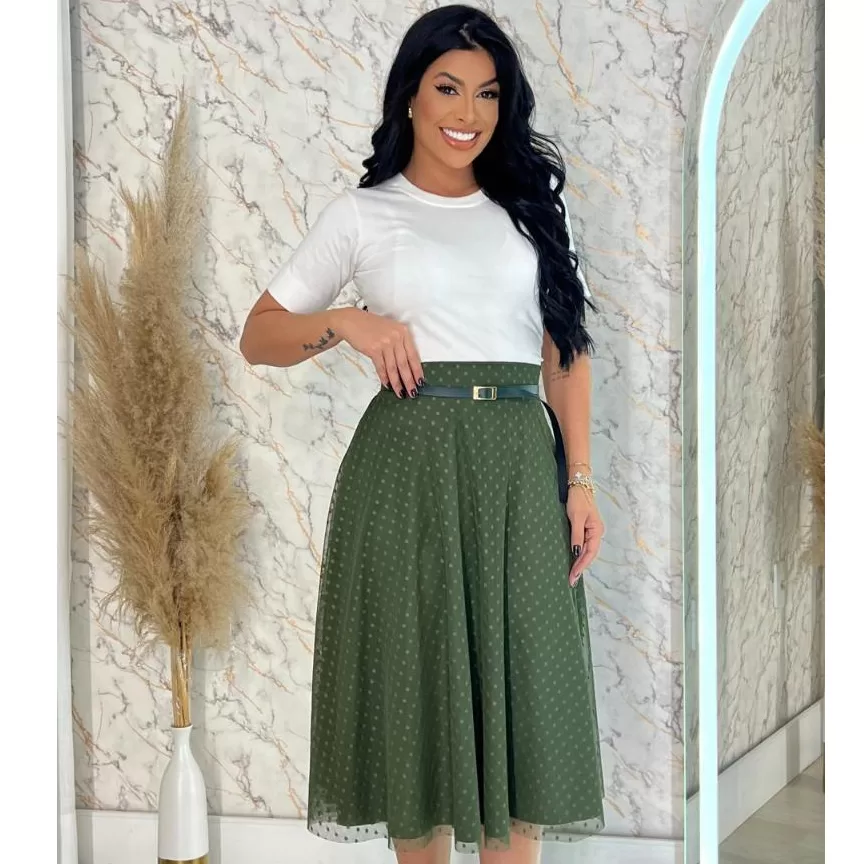 Saia de Tule Feminina Midi Gode  Moda Evangélica Acompanha o Cinto