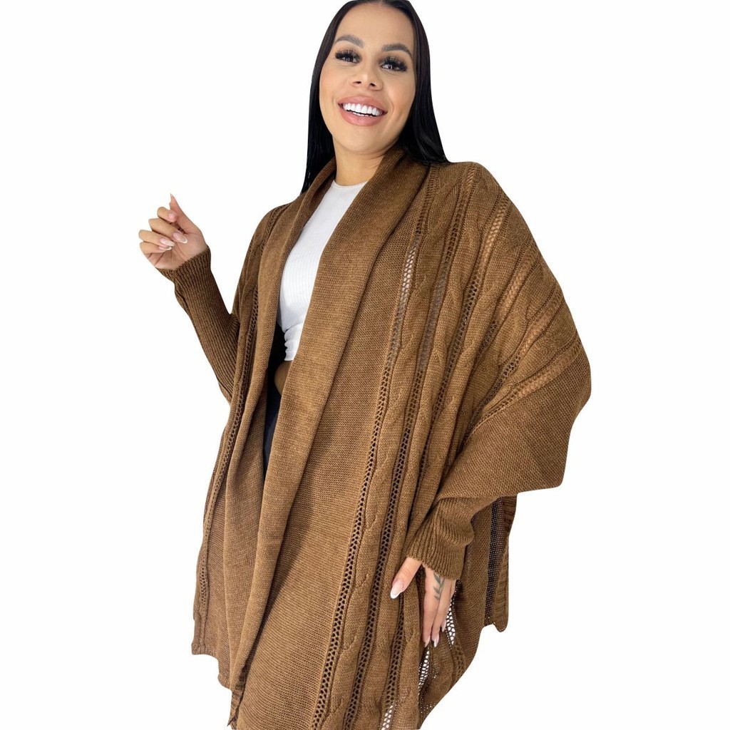 Capa Blusa Poncho Kimono Tricot Outono Inverno Trança Juliete