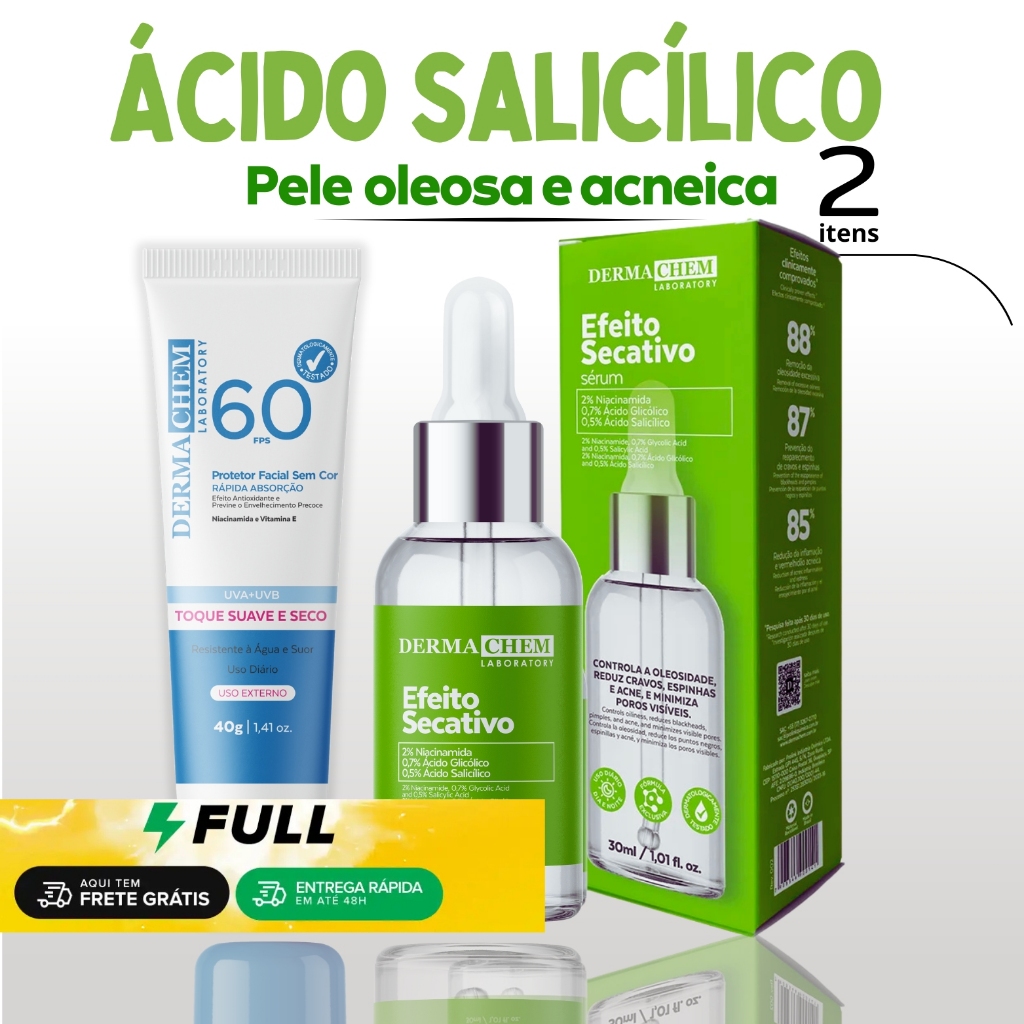 Kit Dermachem Ácido Salicílico Sérum Efeito Secativo, Protetor Solar Toque Seco FPS 60