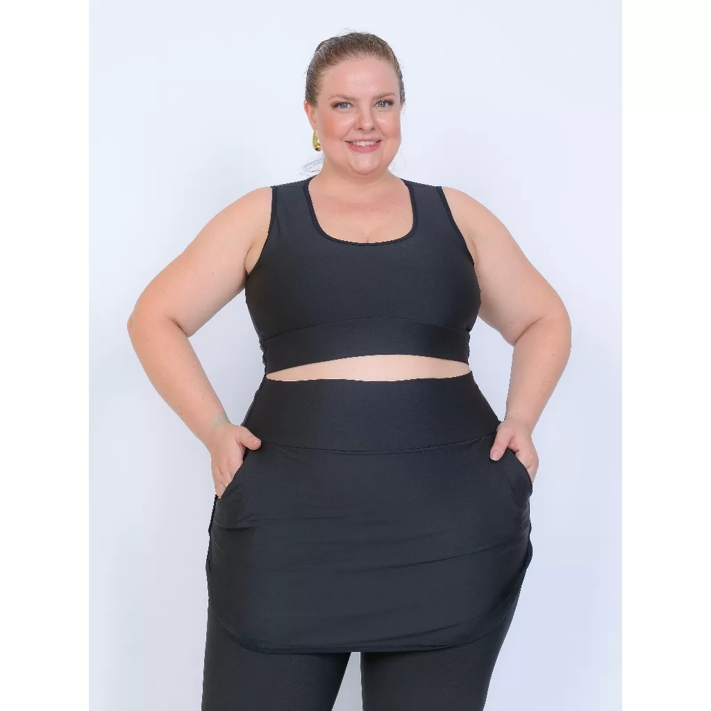 Conjunto Plus Size Moda Fitness  Calça Saia Com Bolso E Top Cropedd Para Academia
