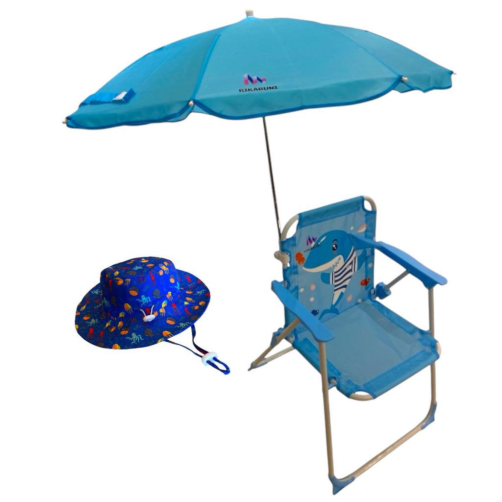 Kit Cadeira de Praia c/ Guarda Sol+Chapéu Infantil com UPF50