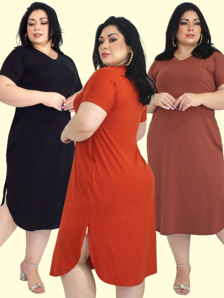 Vestido Plus size Feminino com Gola V.e Bolsos, So