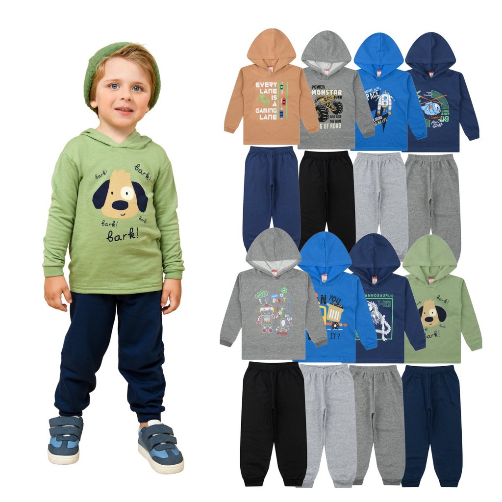 Kit 6 Peças Blusa Com Capuz Moletom + Calça Roupa Menino Infantil – Conjunto Sortido Moda Inverno Fr