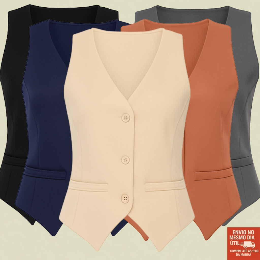 Colete Feminino Alfaiataria Social Gola V Com Botões Premium