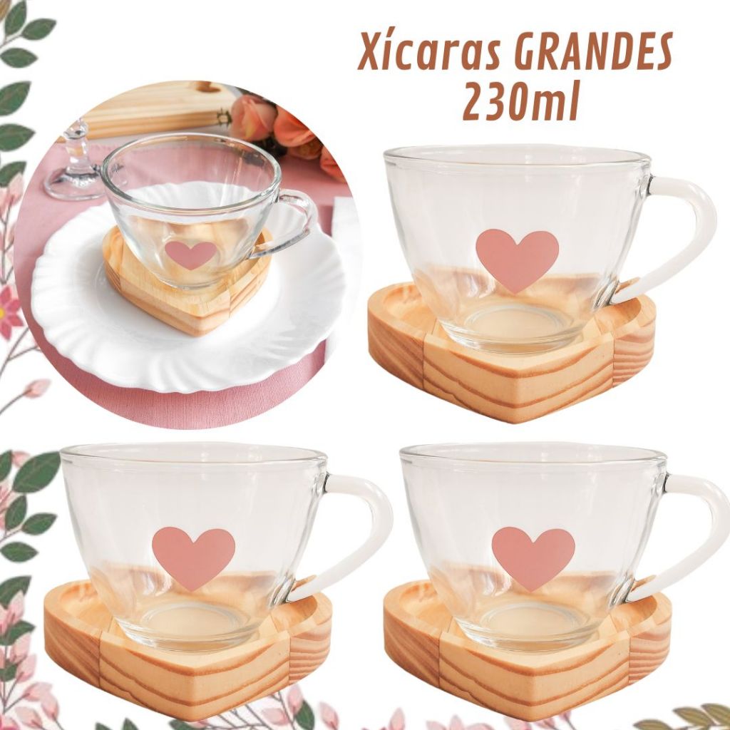 Jogo Xícaras Café Chá Pires  Madeira Coração Rosa Presente Dia das Mães Mesa Posta Cantinho do Café
