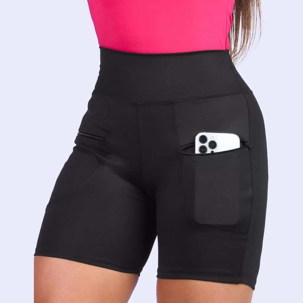 Bermuda Feminina Short Academia Fitness Meia Coxa Com Bolso Ziper Cintura Alta Tecido Grosso