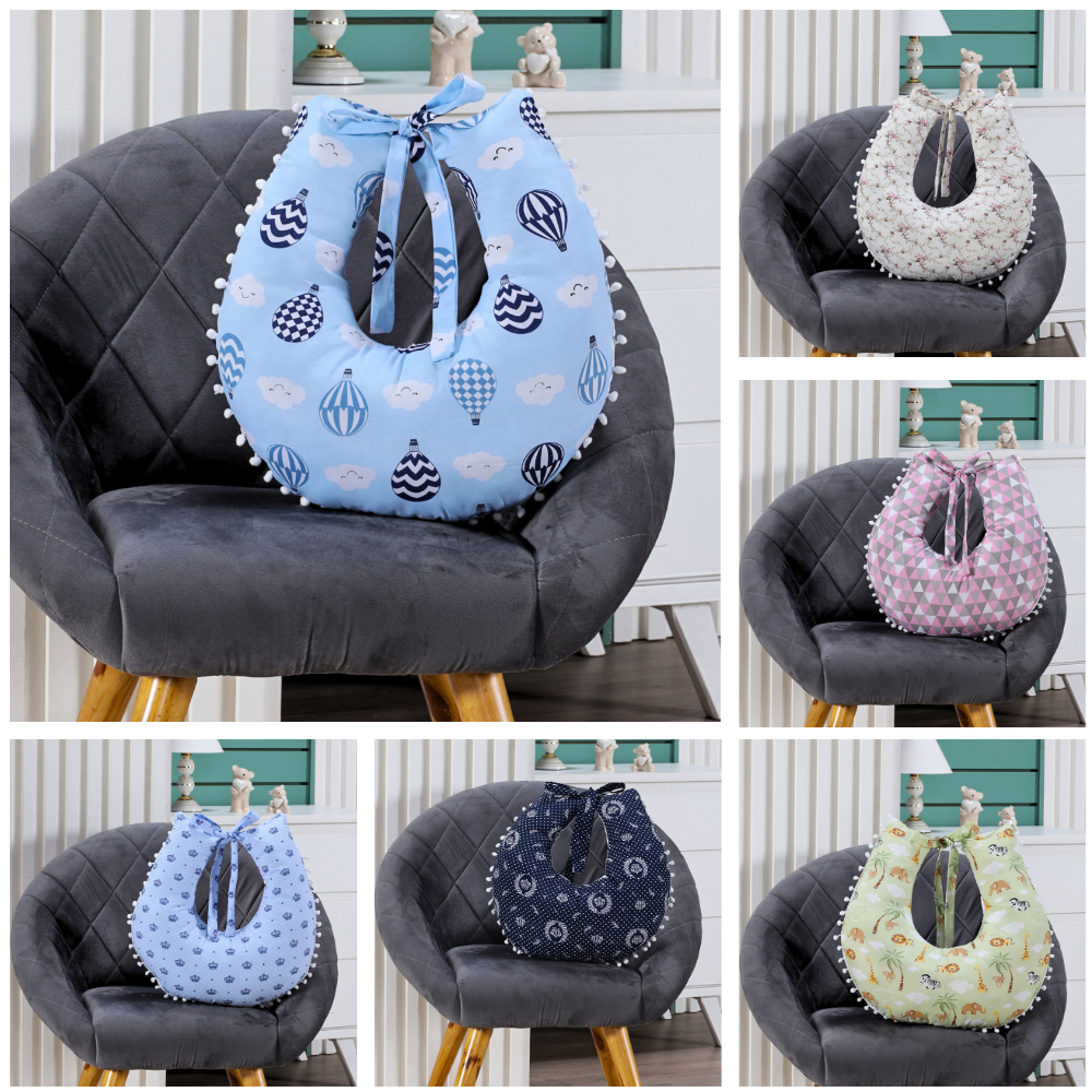 Almofada Amamentação para Amamentar Travesseiro com Zíper e Pompom com Tecido Estampado 100% Algodão