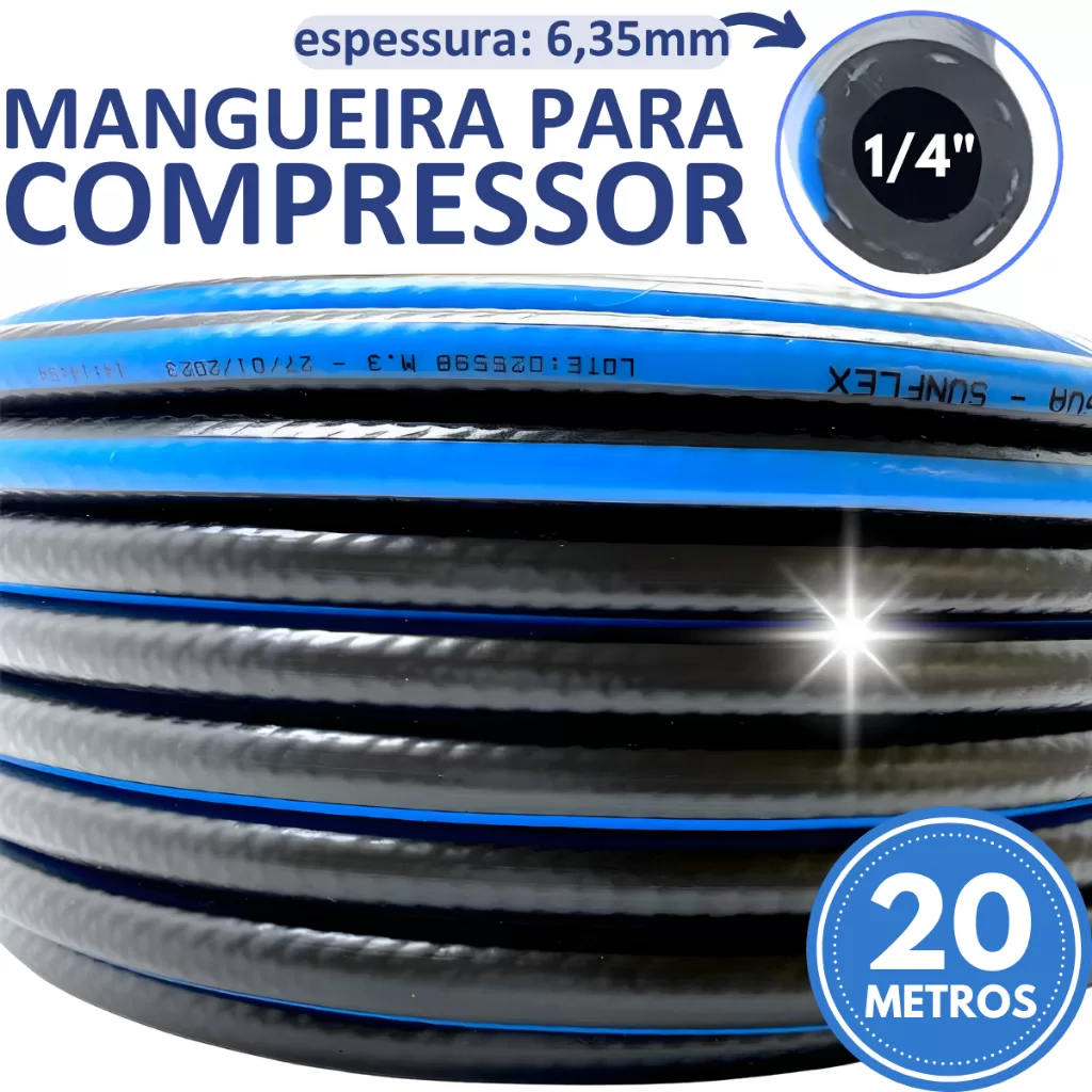 Mangueira Compressor Ar Comprimido Agua 20 Metros Preta 1/4 300psi Pintura Borracharia Borracheiro