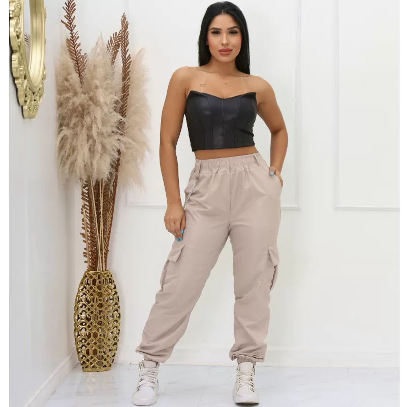 Calça Cargo Feminina Tactel Calça Jogger Cargo Cinto Corrente