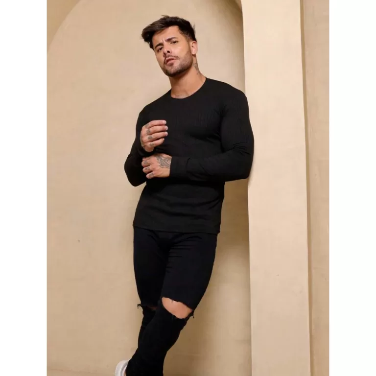 Blusa Masculina Gola Redonda Manga Longa Malha Can