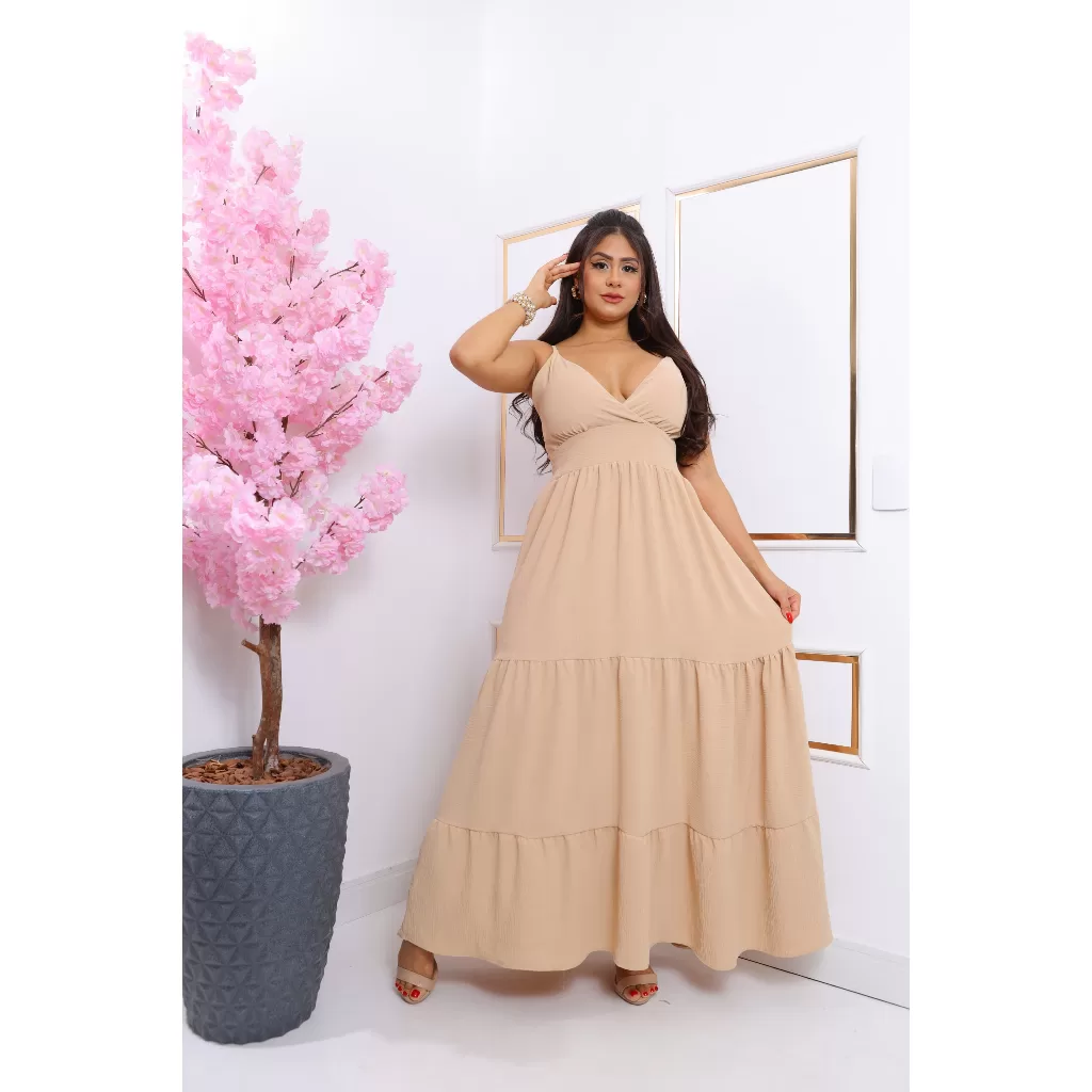 Vestido Feminino Longo Vestido de alcinha com regulador bojo e forro  Decotado Moda Feminina casual