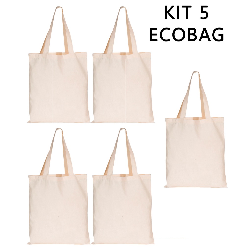 Kit com 5 ECOBAG 32x38cm GRANDE bolsa ecológica sacola Lisa – 100% algodão cru
