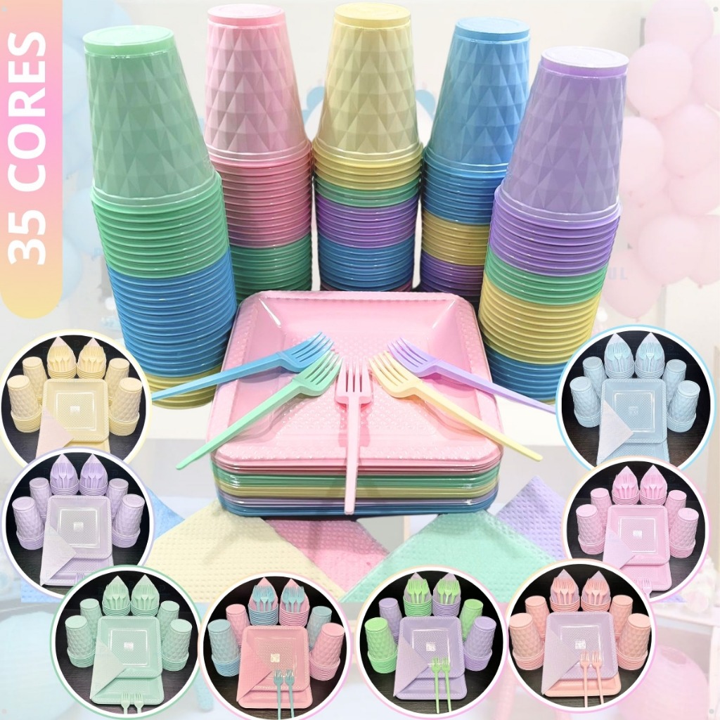 Kit Festa Aniversario 180 Itens Candy Descartavel Diamante Premium C/ Pratos Copos Garfinho Cor Past