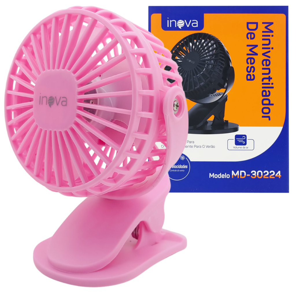 Ventilador Portátil Recarregável Mesa 3 Velocidades Rotação 360° com Presilha