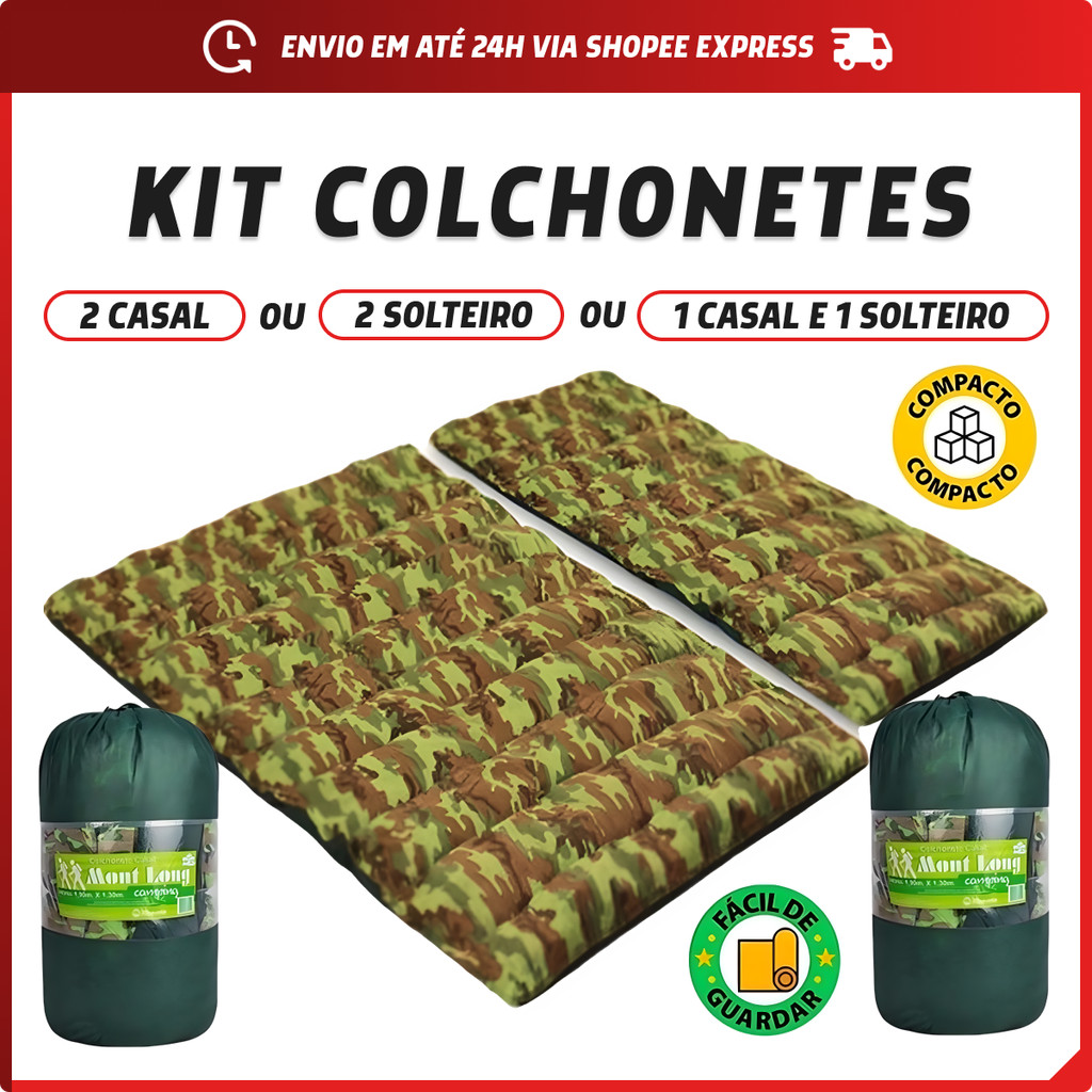 Kit com 2 Colchonete Acampamento Camping Casal 190×130 ou Solteiro 130×60 Colchão Dormir
