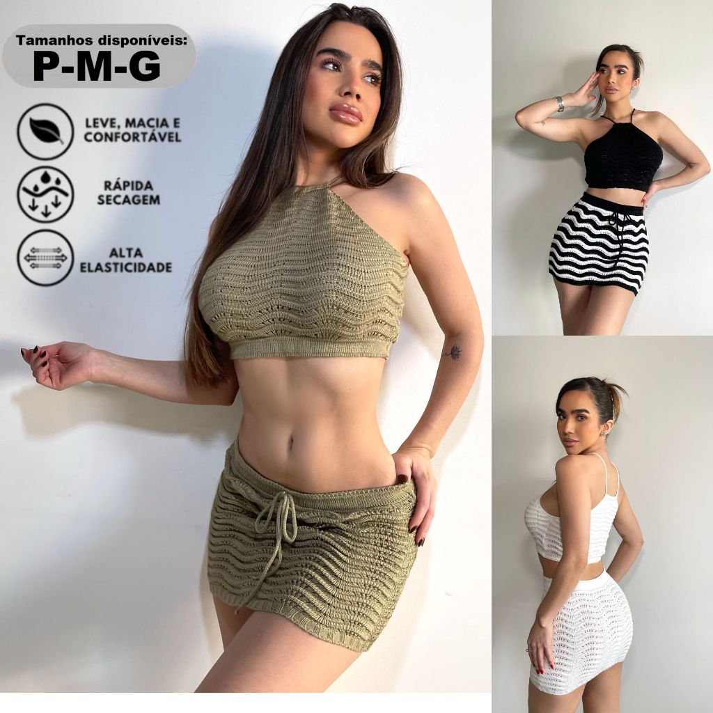 Conjunto Feminino Saia e Top de Crochê Tricot Premium, Saída de Praia, Tecido Tricô