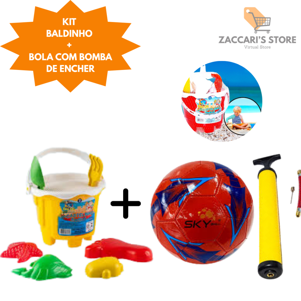 Kit Baldinho + Bola Com Bomba Para Encher Para Praia Para Crianças