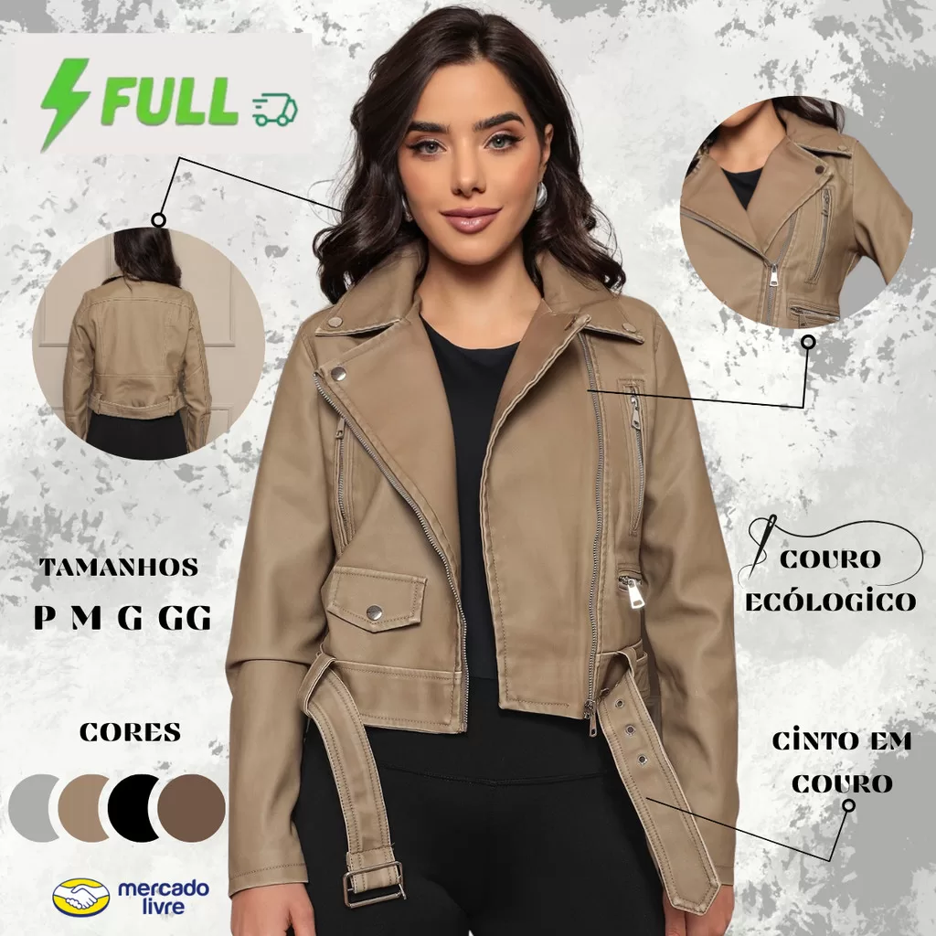 Jaqueta Feminina Couro Ecológico Cinto Zíper Fechamento Frio