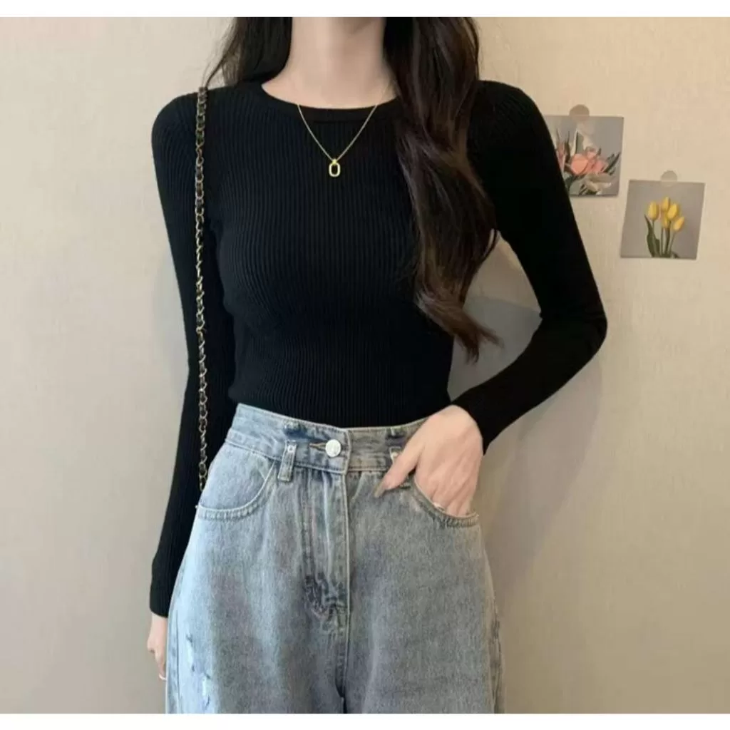 Camisa feminina fina e justa com decote em U, algodão puro, outono e inverno, com gola redonda, mang