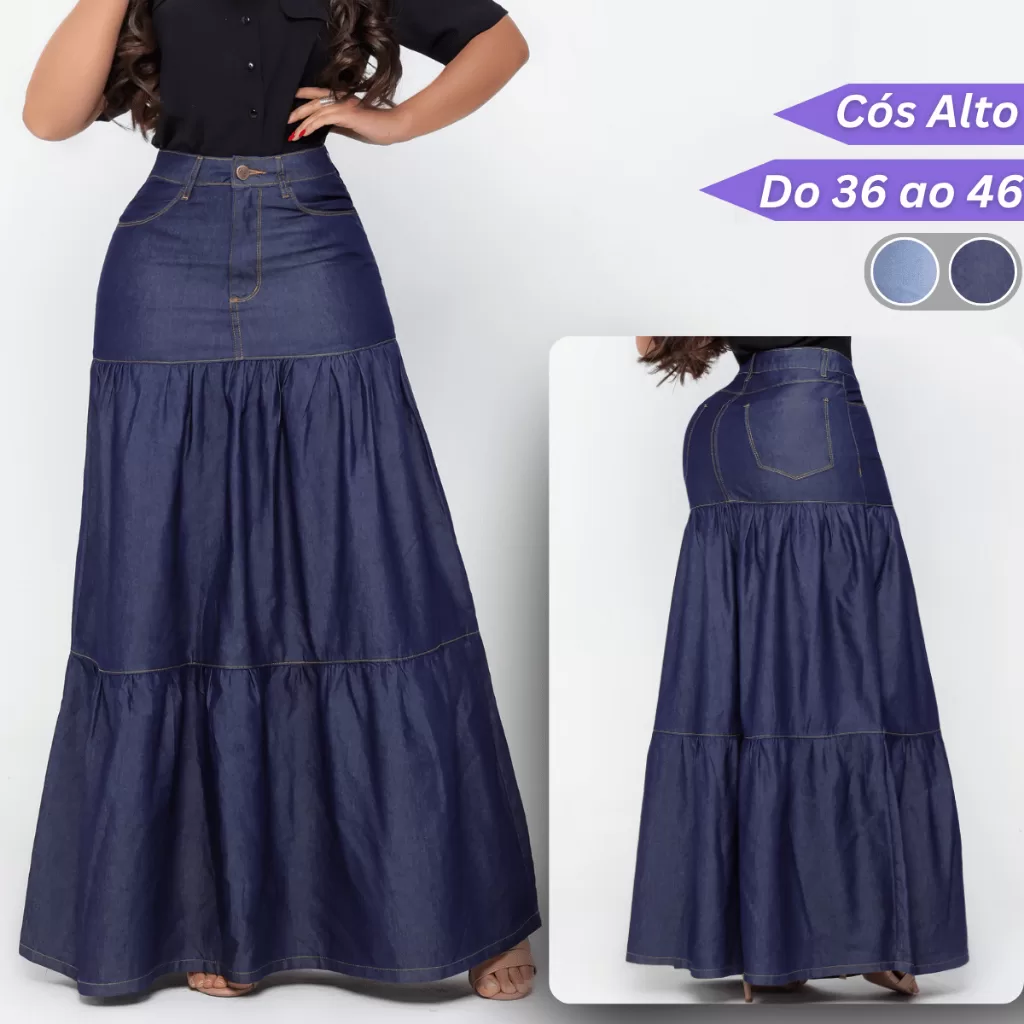 Saia Longa Jeans Feminina Evangélica 3 Marias Sem Lycra Cintura Alta Rodada Elegante