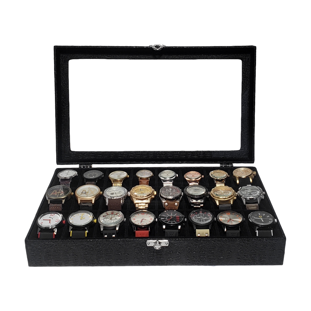 Estojo Para 24 Relógios Externo Preto Com Interno Preto