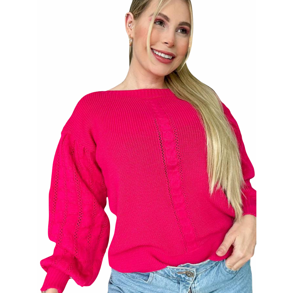 Blusa Em Tricot Feminina Manga Longa Bufante Outono Inverno