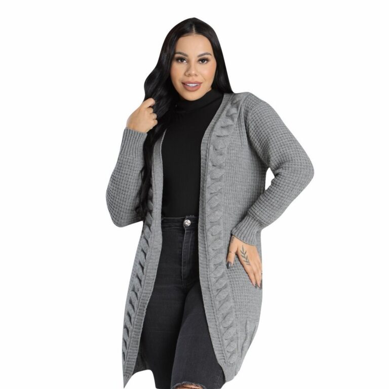 Cardigan Tricô Lã Manga Longa Outono Inverno Fem