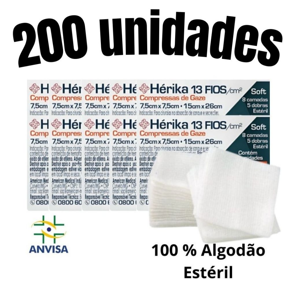 Kit 200un | 100un | 50un Compressa Gaze Estéril Hidrófila Hérika Cirúrgica Curativo Feridas 13 Fios