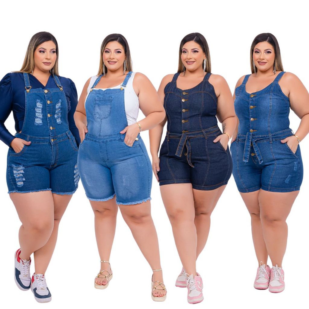 Jardineira Short Macaquinho Jeans Plus Size Feminina Lycra