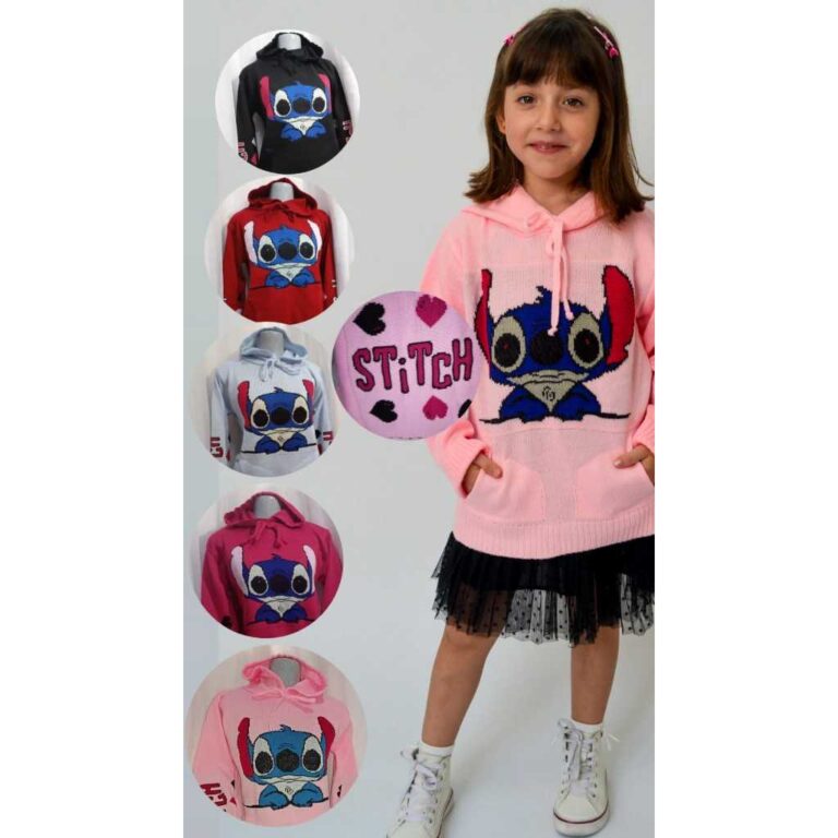Blusa de Inverno Tricô Menina Stitch, com Capuz, 