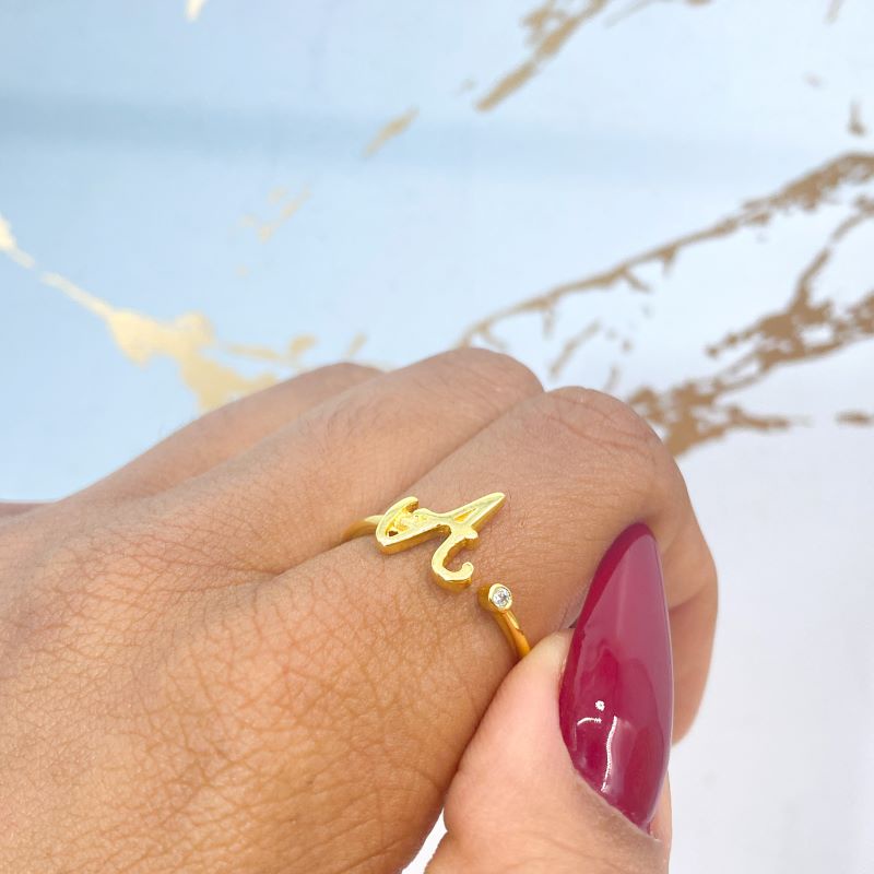 Anel Feminino Letra Ajustável De Ouro Banhado Ponto De Luz Zircônia Brilhante