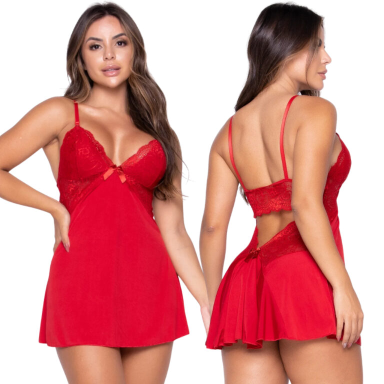 Camisola Sexy com Calcinha Renda Regulável Femini