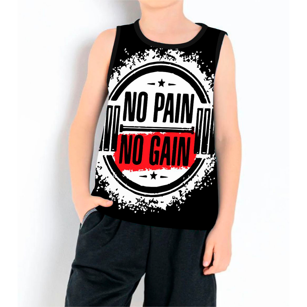 Camiseta Dry Fit Infantil UV 50+ No Pain no Gain Estampada Academia Corrida Treino Casual