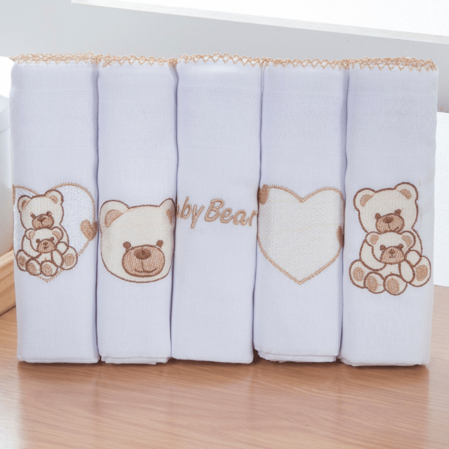 Kit Fralda de Pano Bordada para Bebê com 5 unidades 100% Algodão Feminina e Masculina