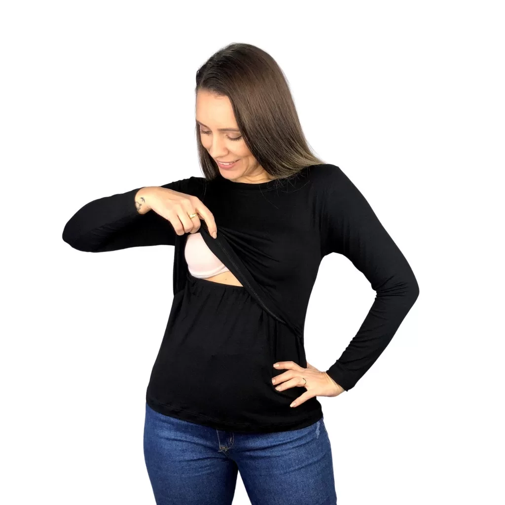 Blusa Amamentação Diversas Cores Premium Camiseta Manga Longa Gestante Grávida Maternidade Amamentar