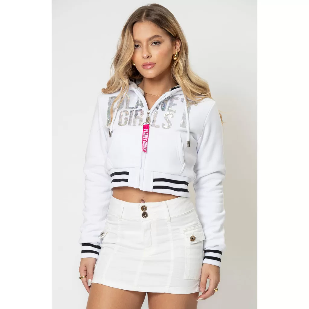 Moletom Cropped Dupla Face Com Relevo Planet Girls Branco